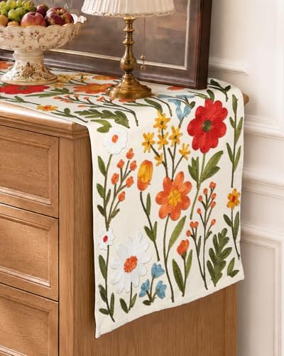 Miss Adola Embroidered Canvas Table Runner 13"x108", Wild Flower