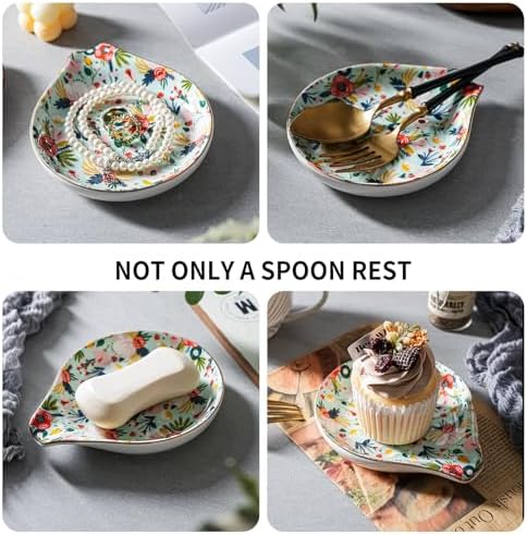 Ceramic Spoon Rest for Stove Top, 5 inch Gold Trim Spoon Holder for Kitchen Counter, Farmhouse Cooking Utensil Holder for Spoons, Ladles, Spatula, Mint Flowers