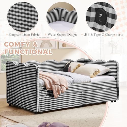 Twin Size Daybed with Storage Drawers, Linen Gingham Daybed with USB Ports & Wave Shaped, Upholstered Day Bed Frame, Modern Sofa Bed for Living Room/Bedroom/Guest Room, No Box Spring Needed, Black