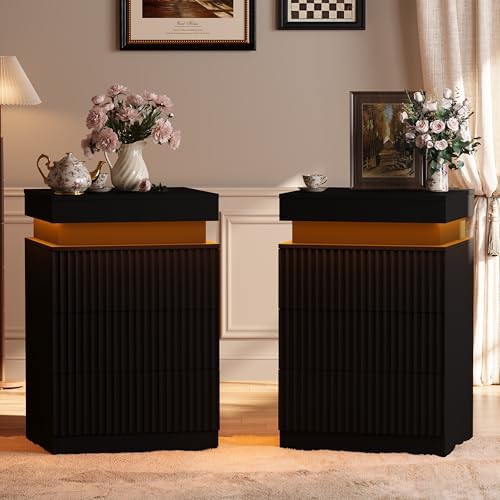 Nightstand Set of 2 for Bedroom, LED Nightstand with 3 Drawers and Charging Station, Mid Century Modern Fluted Nightstands, Bedside Tables & End Tables, Black