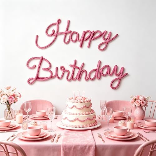 Pink Happy Birthday Sign Knitted Wire Words Birthday Wall Hanging Decor