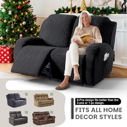 VANSOFY Stretch Recliner Loveseat Cover, 6-Pieces Slipcover, 2 Seat,Black