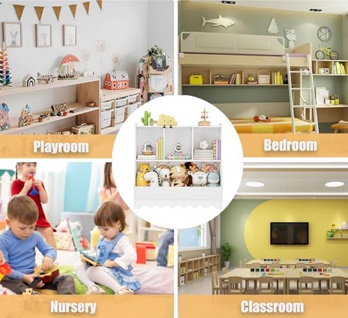 Wood Kid Storage Cubby, Toy Storage Organizer with Bookshelf, 32" L x 15" D x 31" H Montessori Toy Shelf, Nursery Book Shelves, Wooden 4-Cubby Children Book Shelf for Playroom Classroom