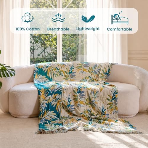 MSGKV Boho Throw Blanket 50"x60" 100% Cotton Leaves Muslin Throw for Couch