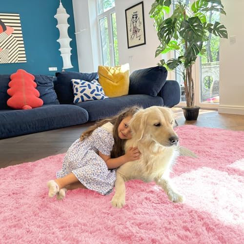 OLANLY 9x12 Machine Washable Large Area Rugs for Living Room, Bedroom, Soft Fluffy Shaggy Bedside Rug, Indoor Floor Carpet for Kids Girls and Boys, Dorms, Nursery, Home Decor Aesthetic, Pink