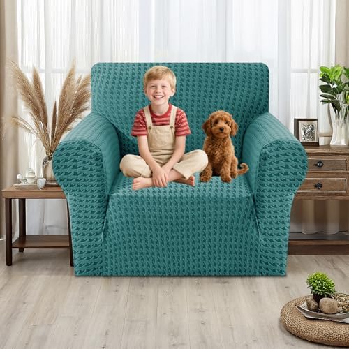 MAXIJIN Stretch Sofa Chair Slipcovers with Arms (31"-46 Washable Chair Cover Armchair with Non-Slip Foam & Elastic Bottom, Dog Cat Pet Friendly Furniture Protector (Small, Peacock Blue)