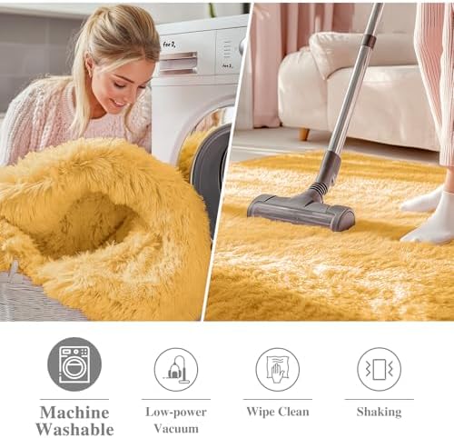 OLANLY Mustard Yellow Round Rugs for Bedroom - Machine Washable, 9 ft Circle Area Rugs for Living Room, Soft and Fluffy Shaggy Carpet for Teen Girl and Boys, Nursery Rooms, Dorms, Home Decor Aesthetic