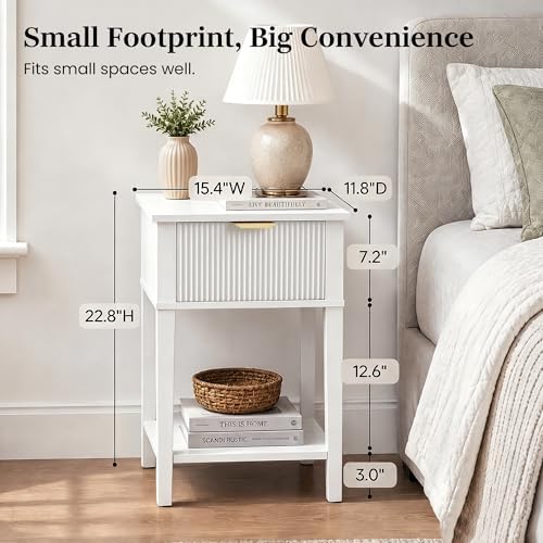 White 15.4" Wide Small Nightstand with Drawer,Open Shelf,Fluted Front