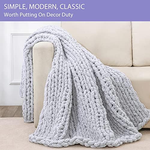 Bigacogo Chunky Knit Throw Blanket for Couch, 80x90 inches, Light Grey
