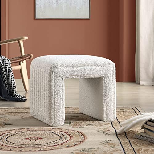 Get Set Style Vanity Stool Chair, Fully Assembled Modern Boucle Ottoman Footstool with Wooden Legs, Multifunctional Upholstered Sofa Bench Extra Seat for Makeup Room Living Room Entryway Office, White