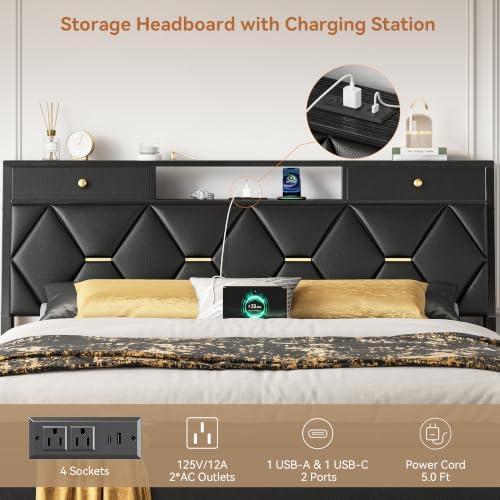 FreeHouse Queen Bed Frame with Storage Headboard and Drawers, PU Leather