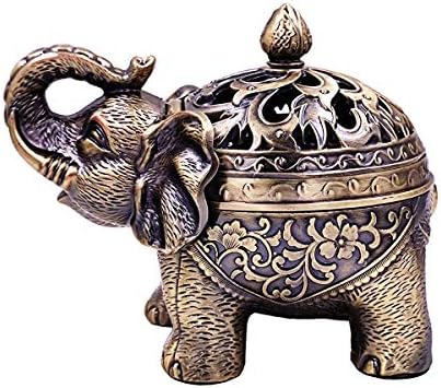 Hourwof Metal Elephant Incense Holder,Vintage Cone Coil Incense Burner with Lid,Ash Catcher,Aromatherapy Ornament Home Office Decor,Bronze