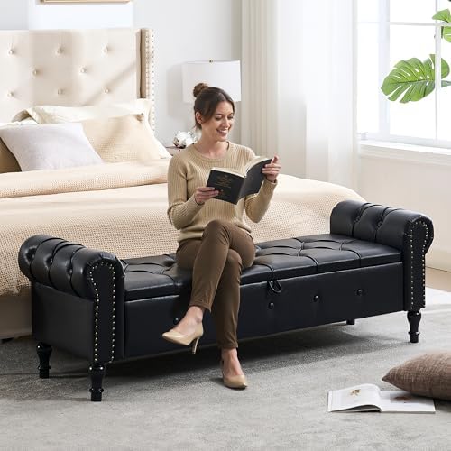 Storage Bench 67" Faux Leather End of Bed Benches Obsidian Black
