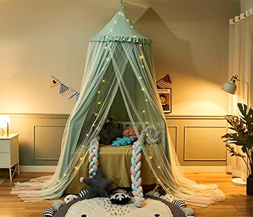 VETHIN Bed Canopy Double Layer Princess Round Dome Dreamy Mosquito Net Bedding Girls Room Castle Play Tent Hanging House Decor Reading Nook Canopies(Green/White)