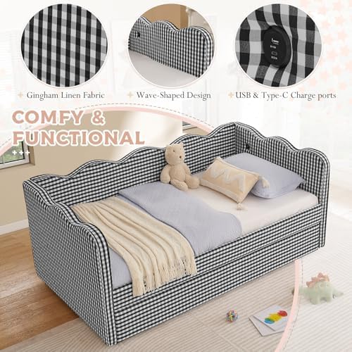 Twin Size Daybed with Pop Up Trundle, Linen Gingham Twin to King Daybed with USB Ports, Upholstered Day Bed Frame, Modern Sofa Bed for Living Room/Bedroom/Guest Room, No Box Spring Needed, Black