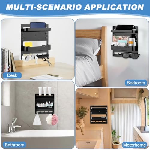 Bedside Wall Shelf, Adhesive Floating Shelves Dorm Decor with 5 Hooks