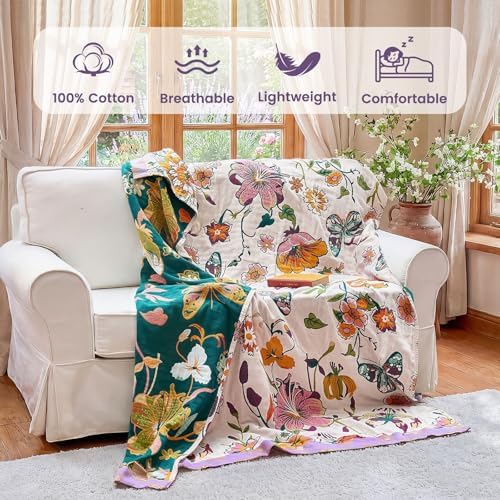 MSGKV Boho Throw Blanket 50"x60" 100% Cotton Butterfly Floral Blanket Couch