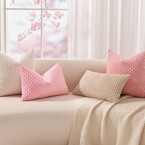 Kevin Textile Soft Corduroy 16x16 Inch Pillow Covers 2 Pack, Pink