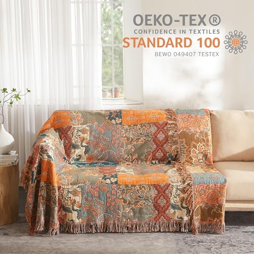 Boho Throw Blanket for Bed 90”x108”, 100% Cotton Blanket for Couch Sofa