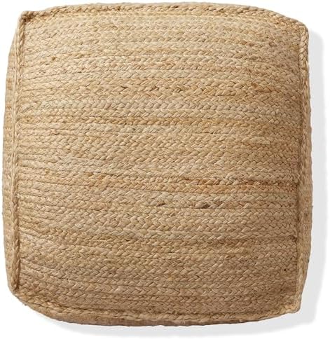 Casafield Braided Jute Pouf, Large Square Pouf Ottoman, 22" W x 22" D x 14" H Woven Jute Footrest, Decorative Indoor Boho Home Accent for Living Room