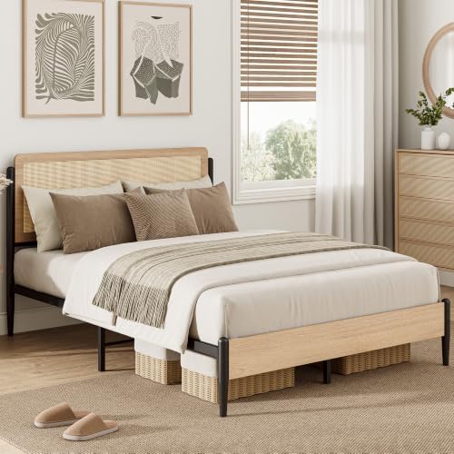 LIKIMIO Natural Rattan Full Size Bed Frame with Wooden Headboard