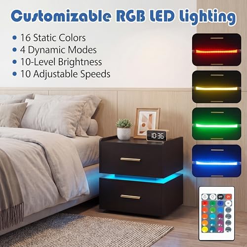 GIANTEX LED Night Stand Set 2 with Charging Station, Semi-Floating Bedside Table w/2 Storage Drawers, USB & Type-C Ports, Modern Couch End Sofa Side Table for Bedroom Small Spaces (Black)