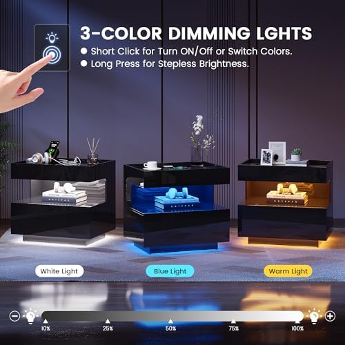 HNEBC High‑Gloss LED Nightstand Set of 2 with Gun Drawers for Bedroom-Black