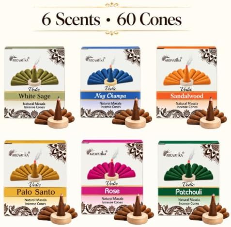 ARO VATIKA Vedic Incense Cones Variety Pack of 6 (Nag Champa, Palo Santo, Rose, White Sage, Sandalwood & Patchouli), Natural Non-Toxic Dhoop Cones for Meditation, Yoga, Relaxation & Home Fragrance