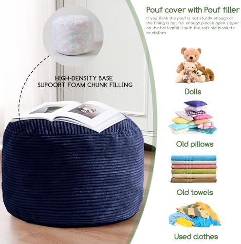 HIGOGOGO Round Stuffed Pouf Ottoman, Corduroy Poufs with Foam Chunk Filling, Furry and Fluffy Pouf Foot Stool Storage Ottoman, 26 X 18 Floor Poufs Foot Rest for Living Room, Navy