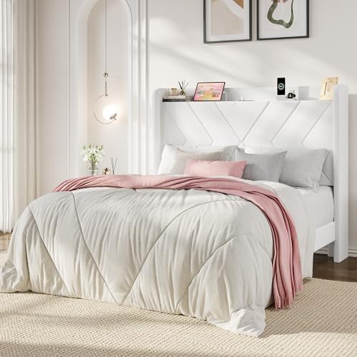 SHA CERLIN Queen Bed Frame, Velvet Upholstered Platform Bed Frame with Wingback Storage Headboard & Charging Station, Geometric Tufted Design, No Box Spring Needed, Easy Assembly, White