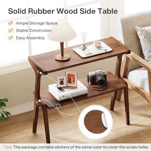 Tribesigns Solid Wood End Table, 2-Tier Farmhouse Side Table with Storage Shelves, Slim Side Table for Couch with Unique Legs, Long Bedside Table for Bedroom, Living Room, Rustic Brown