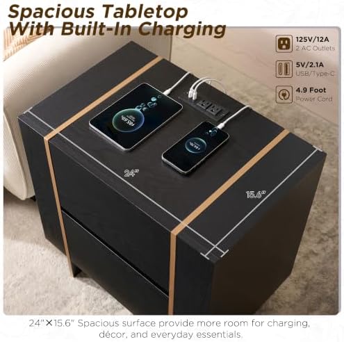 OKD 24” Modern 2 Drawer Dresser for Bedroom with Charging Station