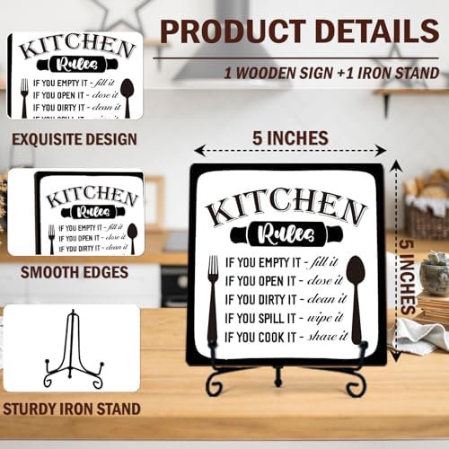 DETIHO Farmhouse Kitchen Decor, Rustic Kitchen Rules Sign Counter Decor