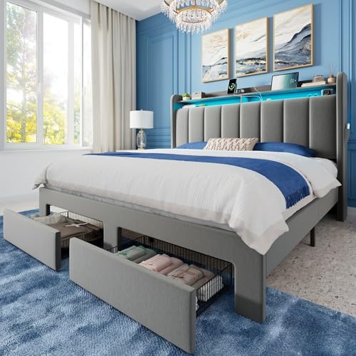 Allewie Queen Bed Frame with 2-Tier Storage Headboard & 2 Large Drawers