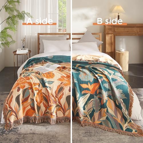 Boho Throw Blanket for Bed 90”x98”, 100% Cotton Blanket for Couch Sofa