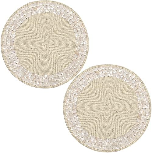 ALPHA Living HOME Beaded Placemats 13 Inch Round, Ivory Pack of 2