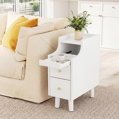 KOMFOTT Narrow Nightstand with Drawers, Solid Wood Bedside Table with Pull-Out Tray & 2 Storage Drawers, Slim Sofa End Table with Cable Management for Small Spaces, Bedroom (White,8" x 16" x 20",1)