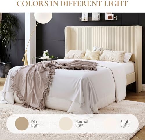 SHA CERLIN Queen Corduroy Platform Bed with Tufted Wingback Headboard/Cream