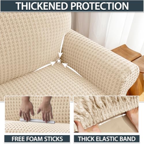 ZNSAYOTX 1 Piece Stretch Loveseat Cover (55"-71") New-Houndstooth Texture, Thick Sofa Covers for 2 Cushion Couch Universal Sofa Slip Cover with Elastic Bottom & Buckle, Soft Protector Khaki
