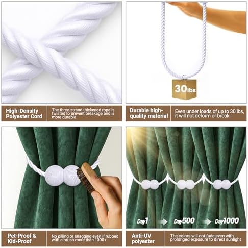 Hion Magnetic Curtain Tiebacks White 2pcs, Curtain Holdbacks Hooks Holders