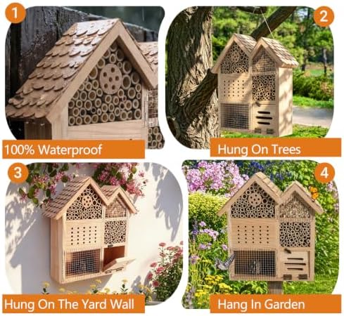 Large Wooden Insect Hotel for Outdoors - Waterproof Bee House & Butterfly Habitat with Bamboo Tubes and Pine Cones-Garden Insect for Mason Bees, Ladybugs, and Beneficial Bugs-House Shape