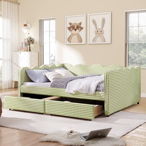 Queen Size Daybed with Storage Drawers, Linen Gingham Daybed with USB Ports & Wave Shaped, Upholstered Day Bed Frame, Modern Sofa Bed for Living Room/Bedroom/Guest Room, No Box Spring Needed, Green