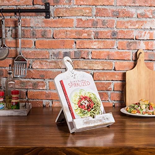 MyGift Recipe Book Holder, Whitewashed Wood Cutting Board Style Cookbook Holder, Wooden Book Stands for Display