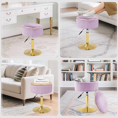 Adjustable Vanity Stool, Velvet Makeup Stool with Storage Purple