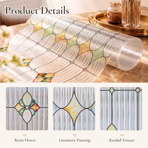 Stained Glass Window Film, Reeded Glass Film Static Cling, 17.5" x 78.7"