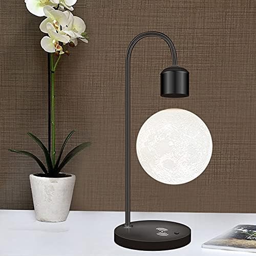 Unique Modern Levitating Lamp with Floating Light and Built-in Qi Wireless Charger, Simplistic and Innovative Design, Warm Decorative Night Light (Black Moon)