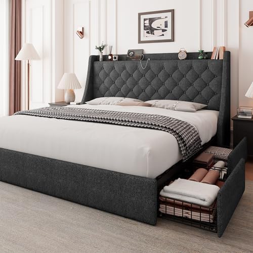 Feonase Queen Bed Frame with 4 Storage Drawers, Upholstered Storage Bed with Charging Station, Tufted Wingback Headboard, No Box Spring Needed, Dark Grey