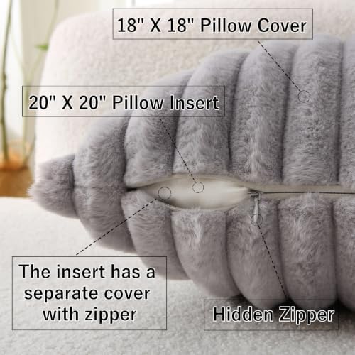 Decorative Throw Pillow with Inserts, Set of 2 Soft Faux Fur Throw Pillows, Square Boho Striped Pillow for Couch, Bed, Sofa Decor(Gray, 18" x 18")