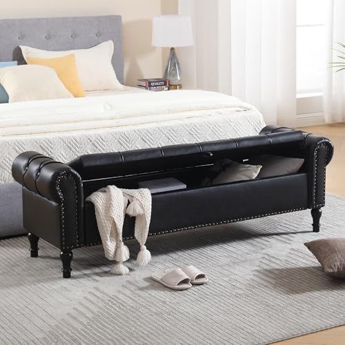 Leather Storage Bench 67 Inch Upholstered Tufted Ottoman Bench with Arms King Size End of Bed Bench for Bedroom Living Room Entryway Obsidian Black