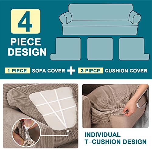 Turquoize 4 Piece T Cushion Sofa Slipcovers Stretch Couch Cover Furniture Covers with 3 Individual T Cushion Covers, Machine Washable (3 Cushion Sofa, Sand)